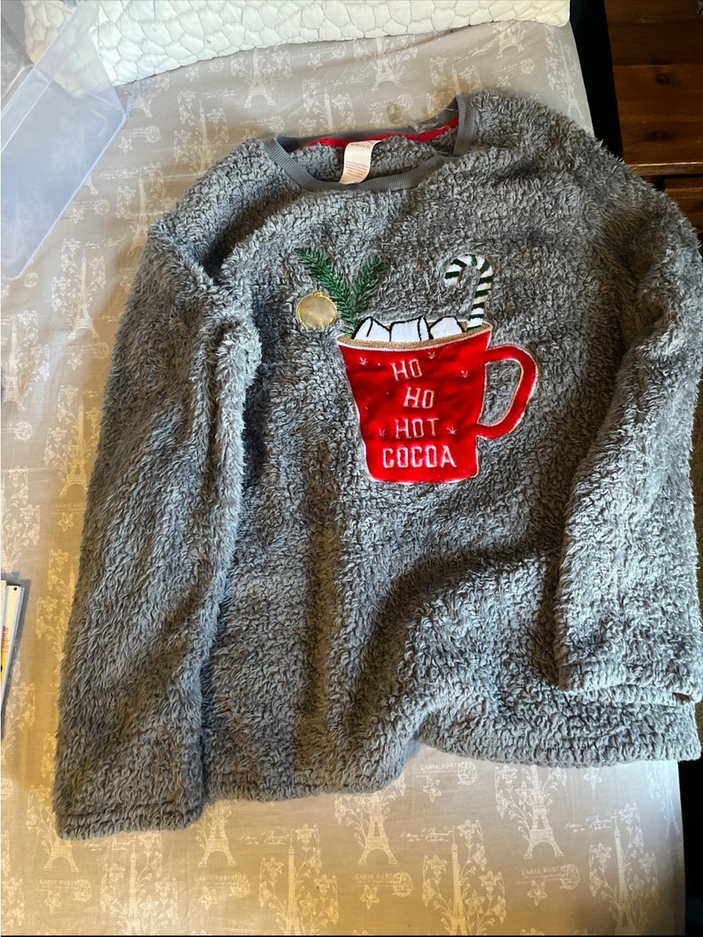 Cozy Gray Fuzzy Sweater with Red Hot Cocoa Mug